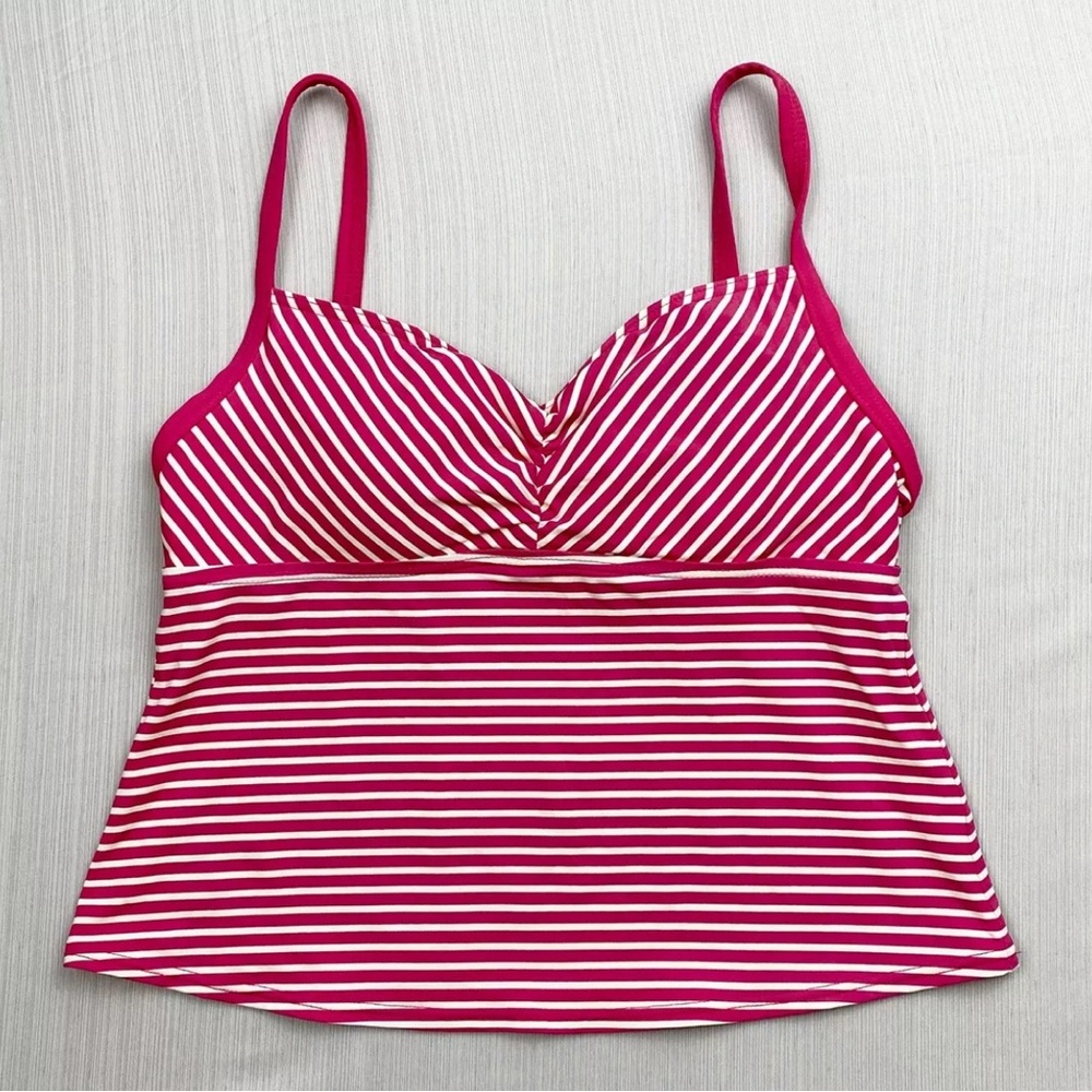 Lands End Womens Tankini Swim Top Size 10 Pink White Striped Padded Bra Area